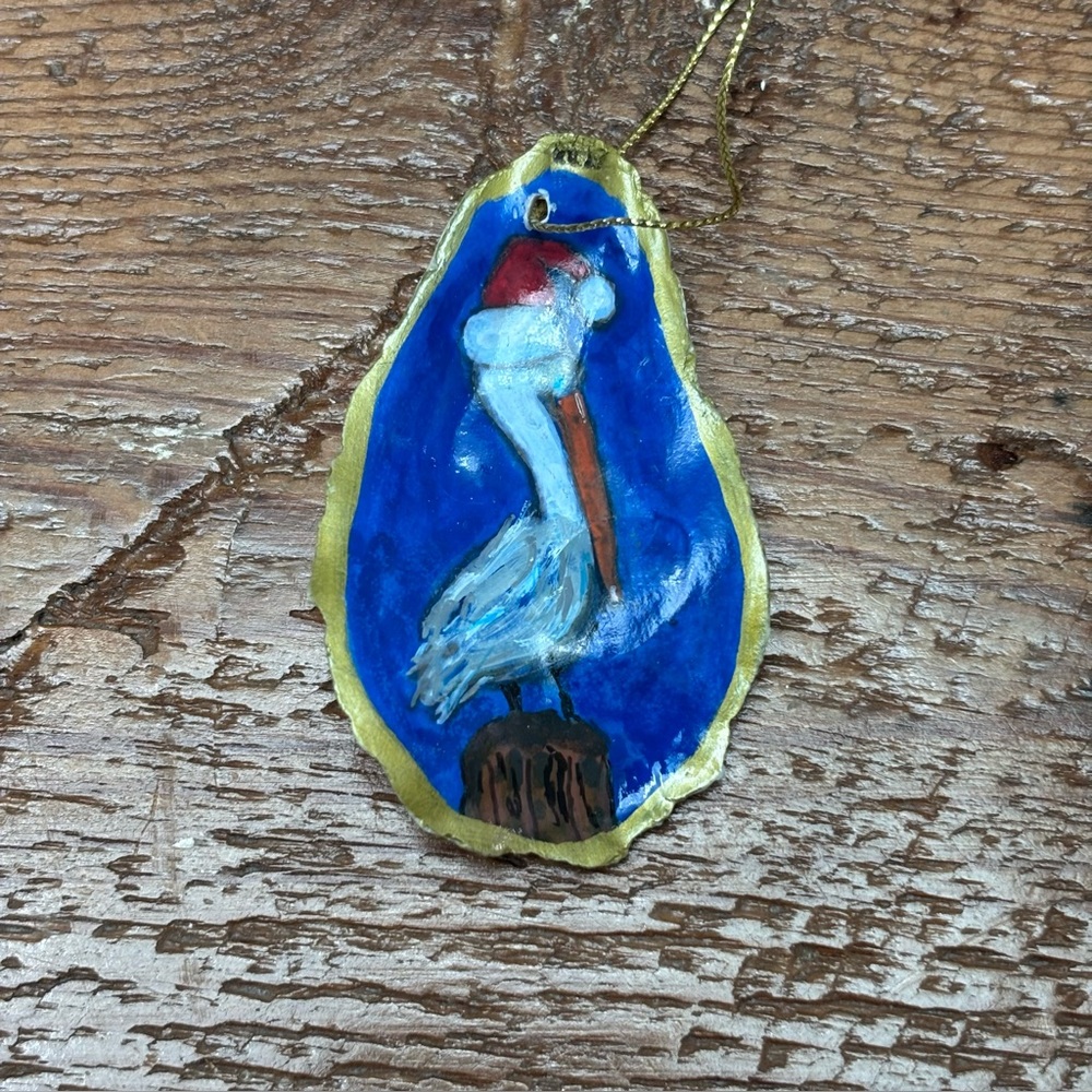 Hand-Painted Pelican Oyster Shell Christmas Ornament Small